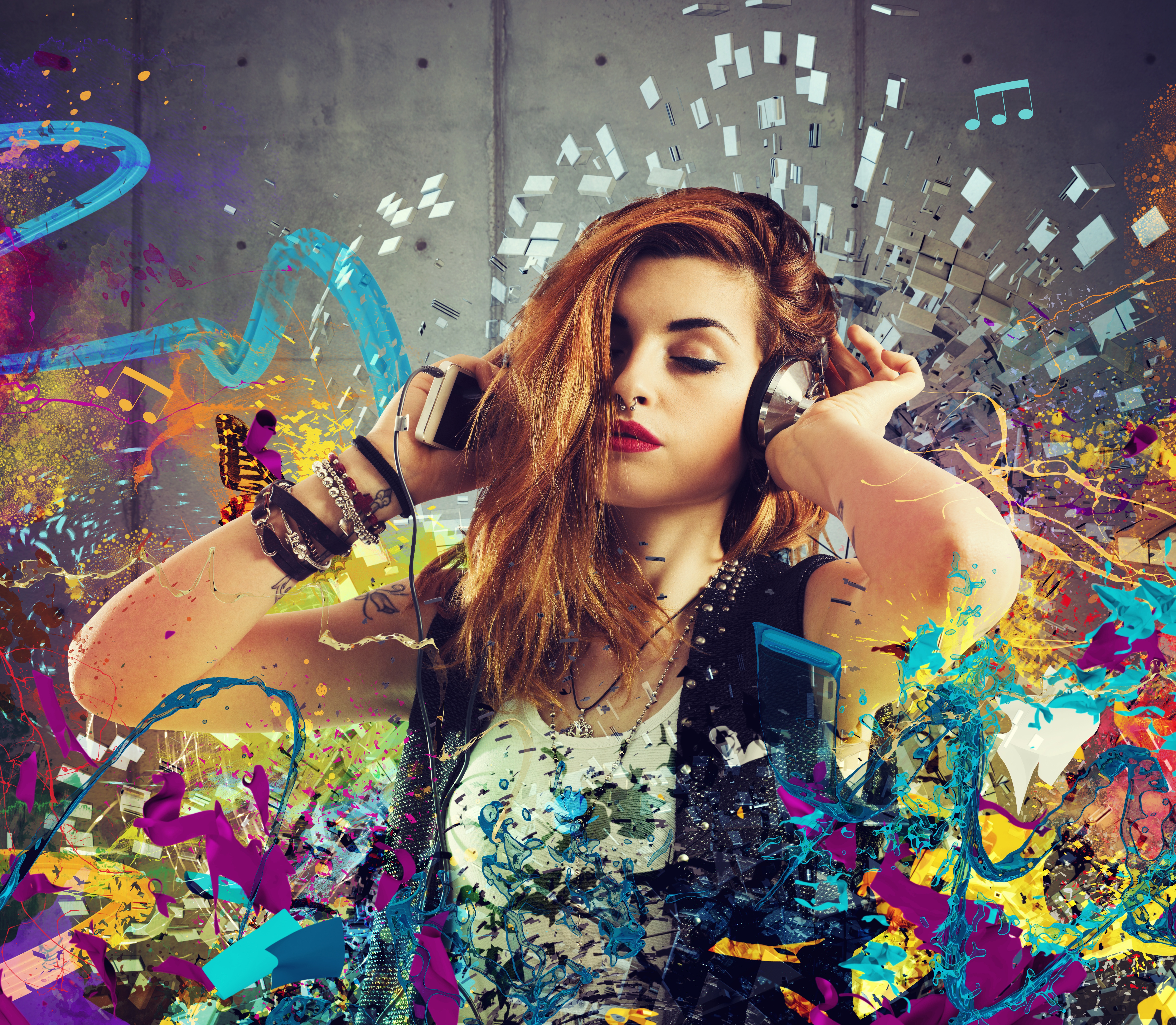 Girl listen to music between colorful notes