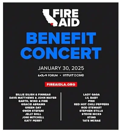 The lineup for the FireAid benefit for victims of the LA wildfires is now bigger