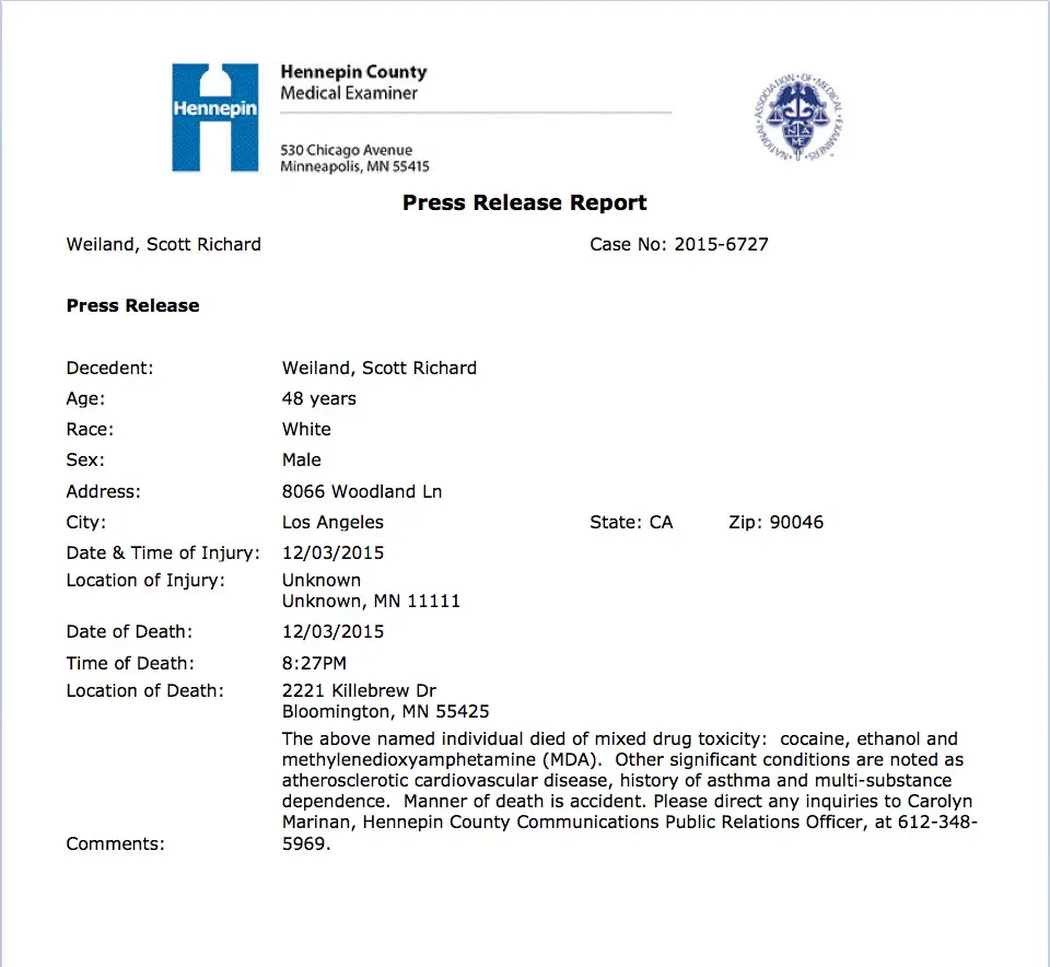 Scott Weiland Toxicology report copy